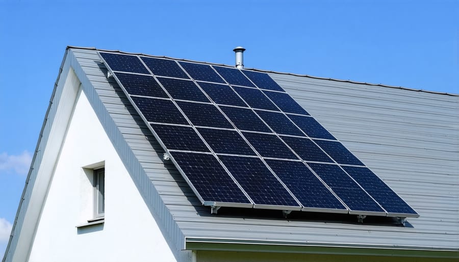 Workers installing metal structural insulated panels with mounted solar panels on commercial building