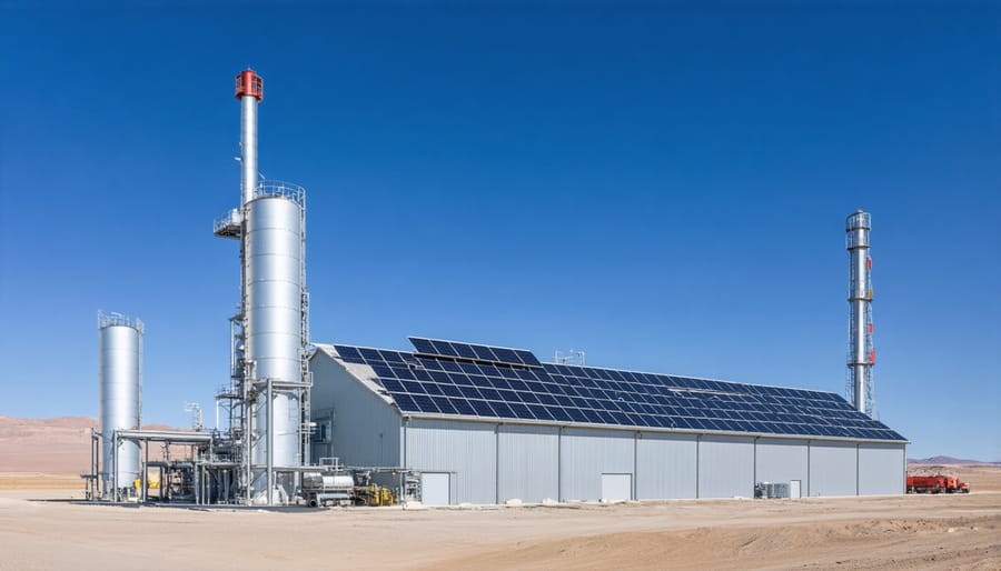 Aerial view of a thermal energy storage facility featuring molten salt tanks and solar collectors