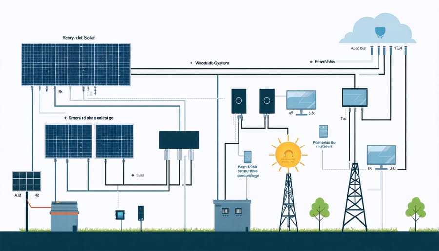 Technical illustration of off-grid solar system components including panels, batteries, and inverters