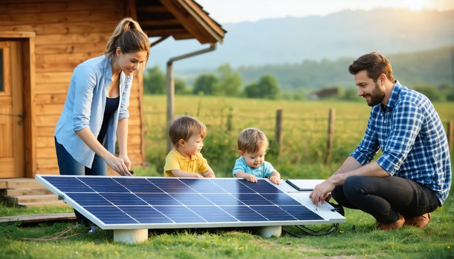 African family using solar-powered lighting and charging mobile devices in their home