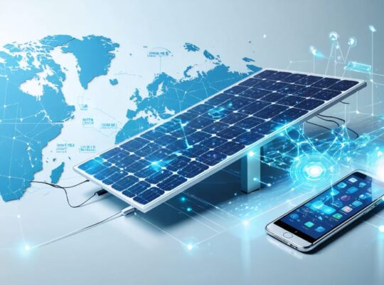 Conceptual illustration of a solar panel connected to a smartphone through digital networks, representing the pay-as-you-go solar model improving energy access in developing regions.