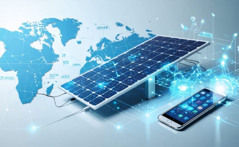 Conceptual illustration of a solar panel connected to a smartphone through digital networks, representing the pay-as-you-go solar model improving energy access in developing regions.