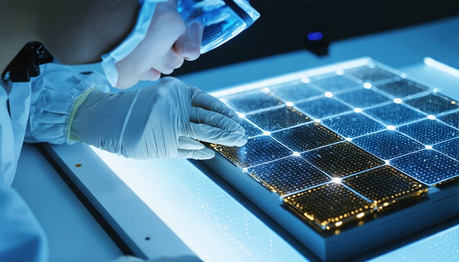 Scientist in lab coat holding and examining a transparent flexible perovskite solar panel