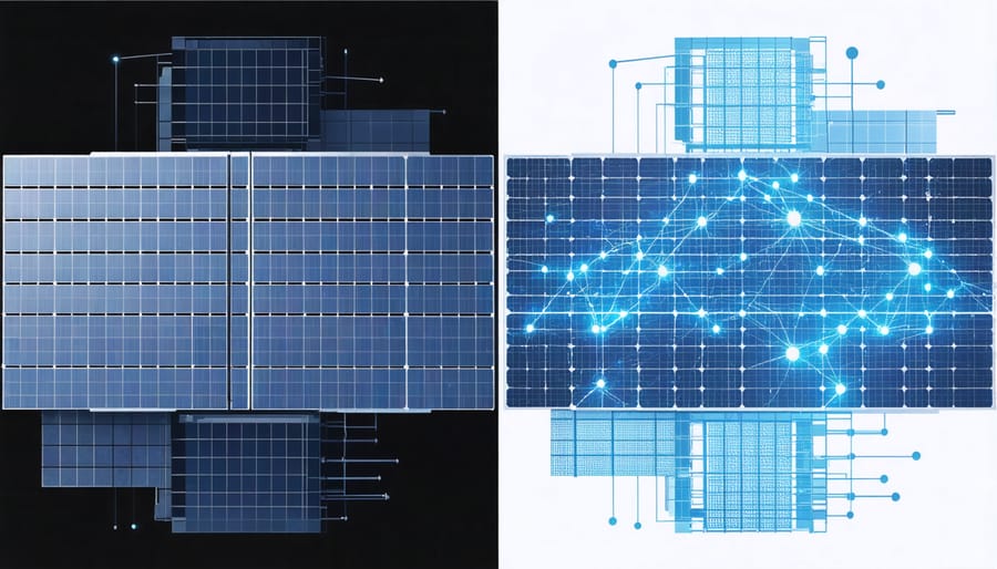 Side-by-side comparison of actual solar panel production line and its virtual digital twin model