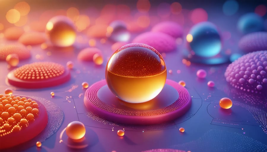 Colorful quantum dots under electron microscope showing size-dependent light absorption properties