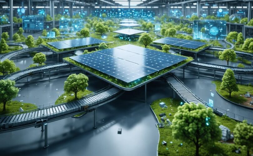 Conceptual depiction of a solar panel assembly line using recycled materials, showcasing the integration of reclaimed silicon, glass, and aluminum into solar panels, symbolizing a circular economy.