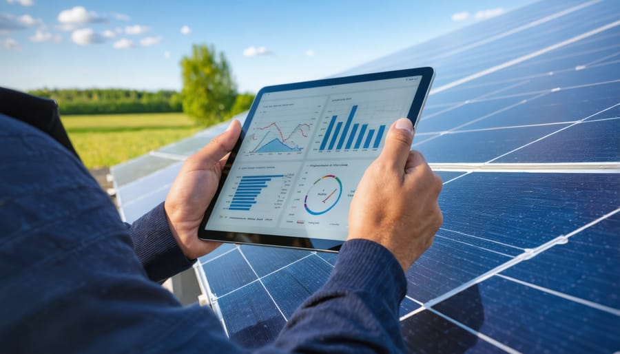 Solar technician analyzing system performance data on a tablet device for remote troubleshooting