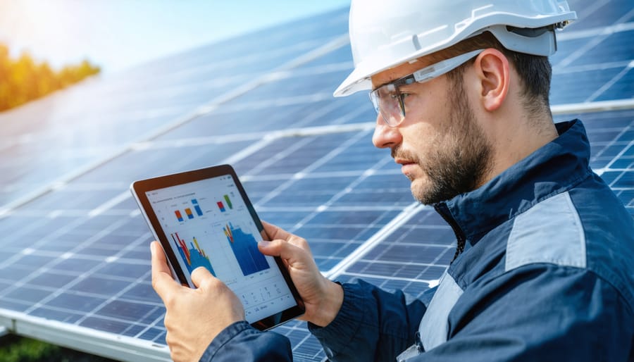 Solar technician analyzing system performance data on a tablet device for remote troubleshooting