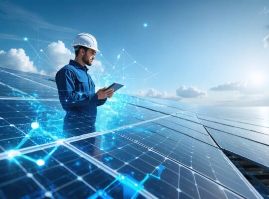 A solar technician using a tablet to monitor solar panel performance remotely, with digital data and augmented reality elements in the scene, showcasing the integration of technology in the solar industry.