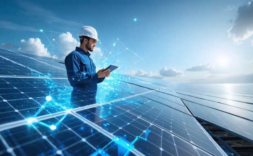 A solar technician using a tablet to monitor solar panel performance remotely, with digital data and augmented reality elements in the scene, showcasing the integration of technology in the solar industry.