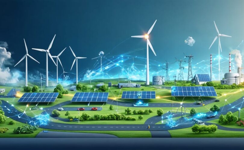 Conceptual illustration depicting interconnected renewable energy elements, including solar panels, wind turbines, hydroelectric dams, geothermal systems, biomass facilities, and hydrogen plants, all converging towards a PV manufacturing facility to symbolize sustainable energy integration.