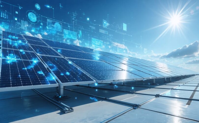 A futuristic depiction of advanced solar panels connected with modern energy storage systems, highlighting AI-driven grid management and digital data streams under a sunny sky, illustrating the concept of next-generation solar PV performance enhancements.
