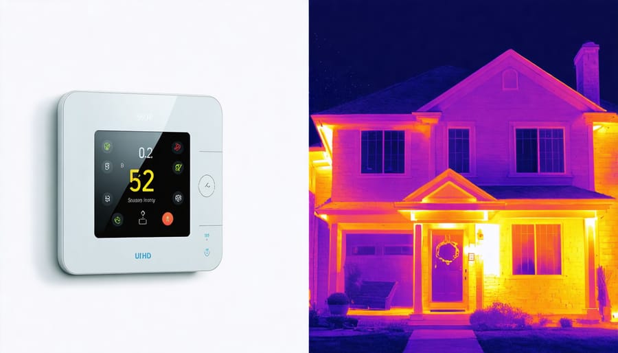 Smart thermostat display next to thermal heat map of house interior