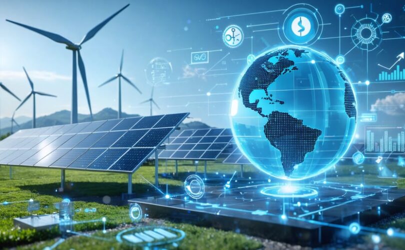 Digital concept art illustrating the integration of renewable energy sources like solar panels and wind turbines with smart grid technology, alongside data streams representing emissions reduction progress towards global climate targets.
