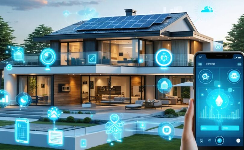 Illustration of a smart home with interconnected devices like solar panels, smart thermostats, and automated lighting, showcasing energy efficiency and modern technology integration.