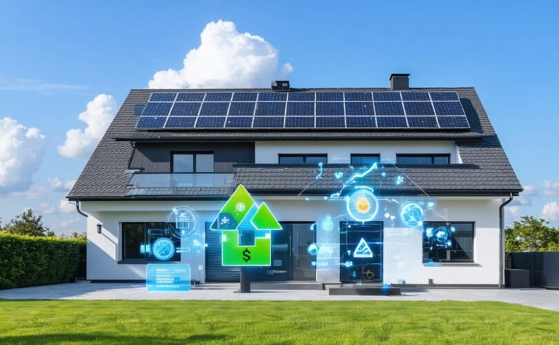 A modern house with rooftop solar panels and digital interface overlay showing energy efficiency and savings metrics, illustrating smart home technology.