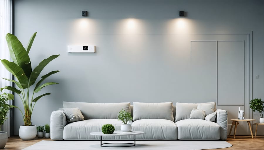 Modern room featuring smart LED lighting with visible motion sensors and automated controls