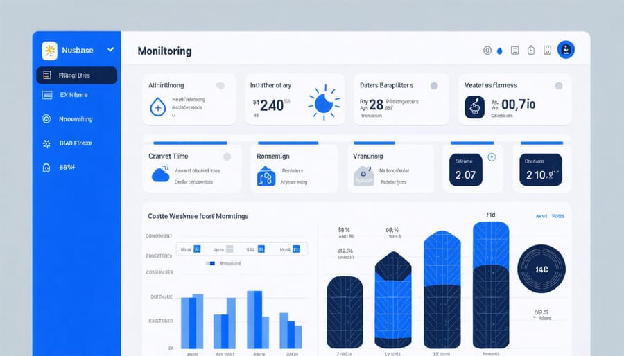 Digital interface showing solar system monitoring with weather warnings and performance metrics
