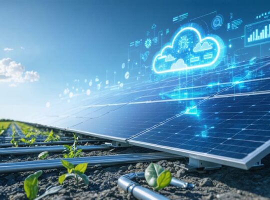 Conceptual representation of advanced remote monitoring solutions in solar PV systems, showcasing the integration of solar panels with digital data streams and cloud connectivity for real-time analytics.