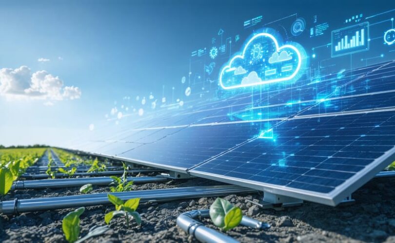 Conceptual representation of advanced remote monitoring solutions in solar PV systems, showcasing the integration of solar panels with digital data streams and cloud connectivity for real-time analytics.