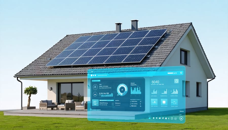Smart solar installation on residential roof with digital monitoring interface