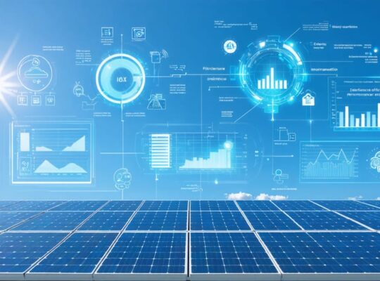 Illustration of solar panels with digital overlays representing real-time performance data, energy efficiency metrics, and remote monitoring technology.