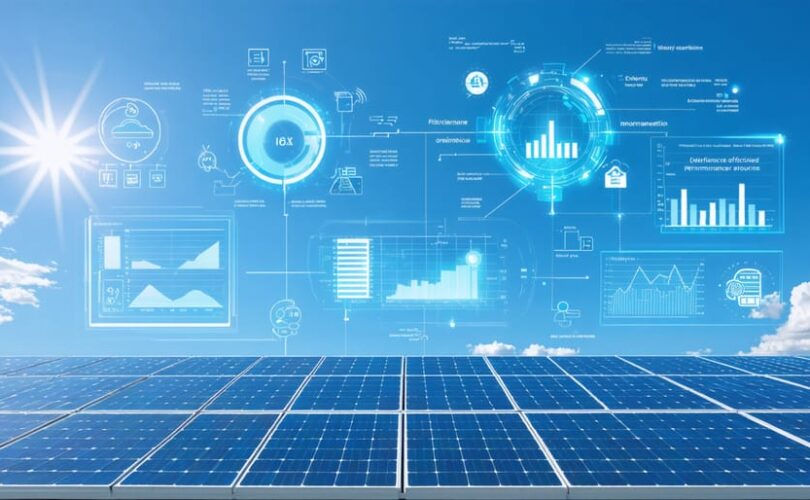 Illustration of solar panels with digital overlays representing real-time performance data, energy efficiency metrics, and remote monitoring technology.