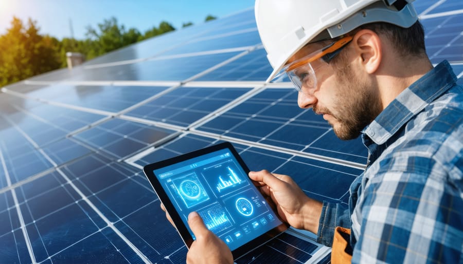 Professional solar technician analyzing real-time data on a tablet in front of solar panels