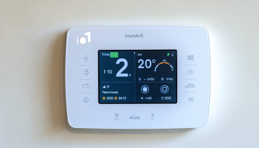 Digital smart thermostat interface showing temperature settings and energy consumption data