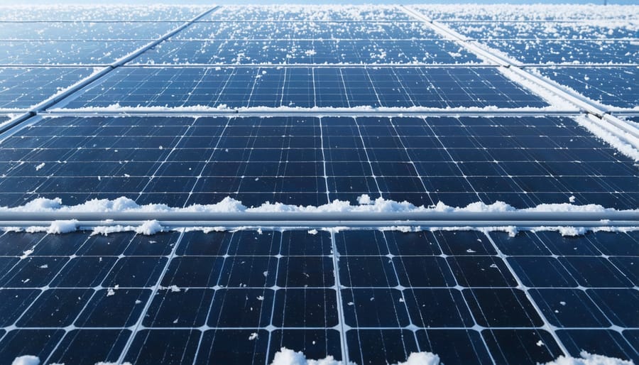 Solar PV array covered in winter snow showing ice buildup along panel edges