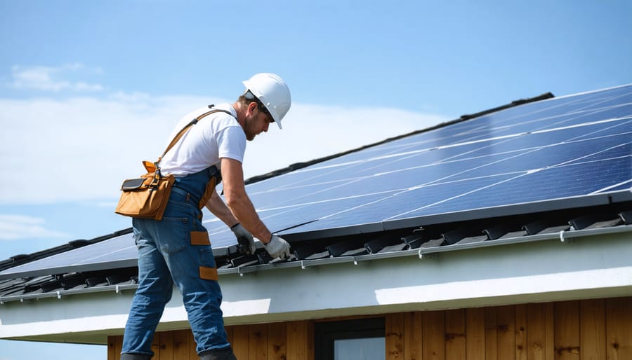 Solar technician trainee mounting solar panels while being guided by experienced instructor