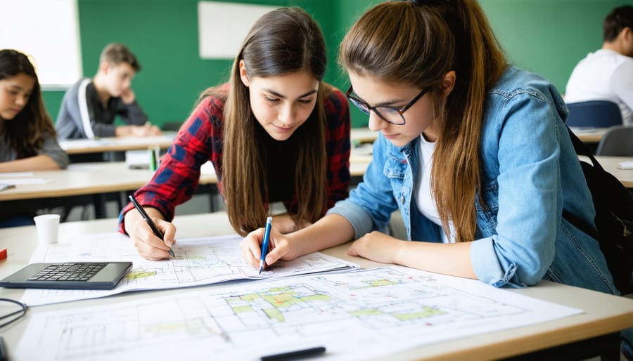 Group of apprentices studying solar equipment specifications and wiring schematics