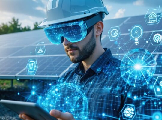 An illustrated solar professional using augmented reality goggles and a tablet amidst a solar farm with digital holograms of interconnected systems, data streams, and icons highlighting advanced digital technologies in solar energy.