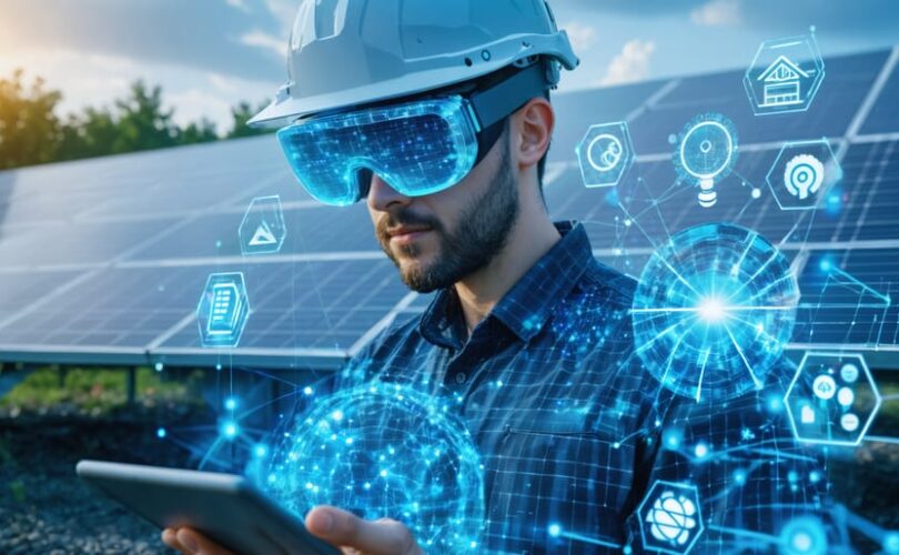 An illustrated solar professional using augmented reality goggles and a tablet amidst a solar farm with digital holograms of interconnected systems, data streams, and icons highlighting advanced digital technologies in solar energy.