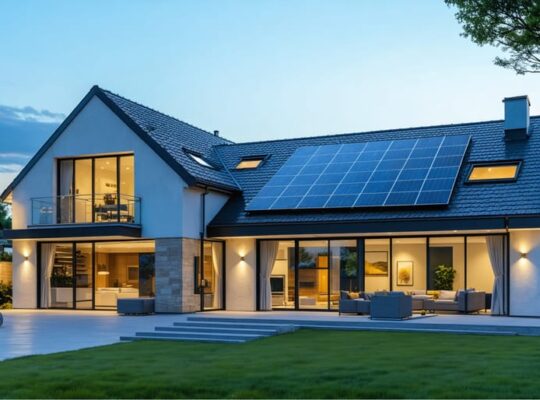 Illustration of a modern home operating on a 7kW solar system with a battery backup, showcasing day-to-night energy flow and smart power management.