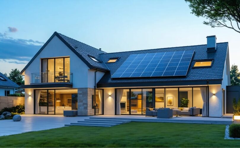 Illustration of a modern home operating on a 7kW solar system with a battery backup, showcasing day-to-night energy flow and smart power management.