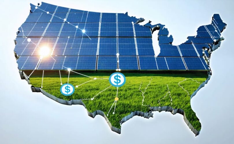 Conceptual illustration showing solar panels connected to state maps, symbolic lines representing financial and environmental benefits, and currency and green energy icons.