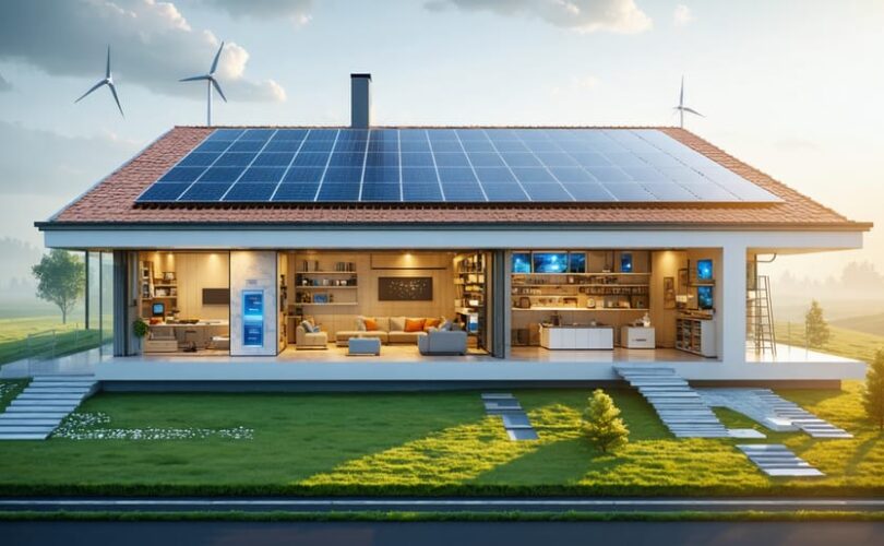 Conceptual artwork showing a modern house equipped with solar panels and an advanced energy storage system, illustrating the continuity of solar power supply from day to night.