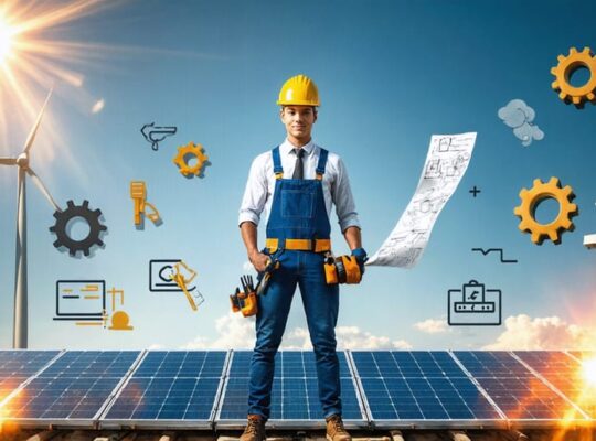 Conceptual illustration of a solar industry apprentice standing on a rooftop with solar panels, holding tools and a blueprint, surrounded by symbols of solar energy and renewable technology.