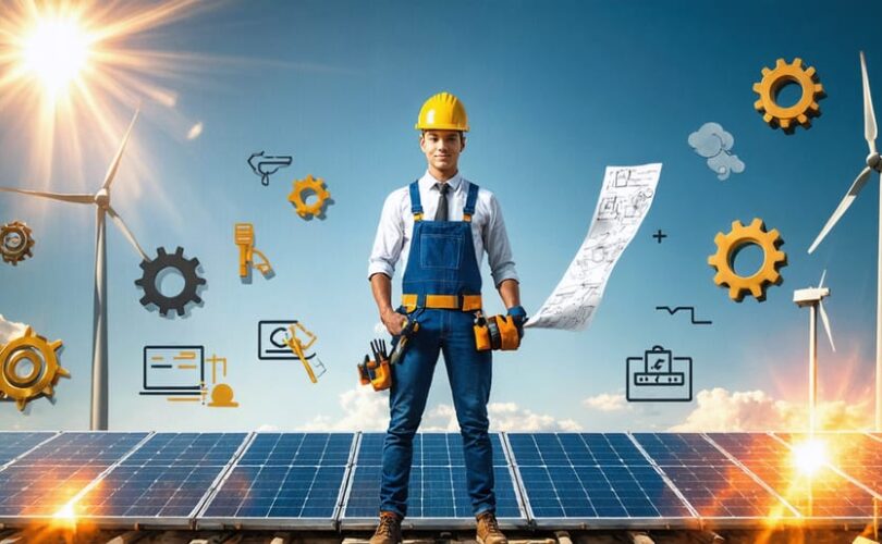 Conceptual illustration of a solar industry apprentice standing on a rooftop with solar panels, holding tools and a blueprint, surrounded by symbols of solar energy and renewable technology.