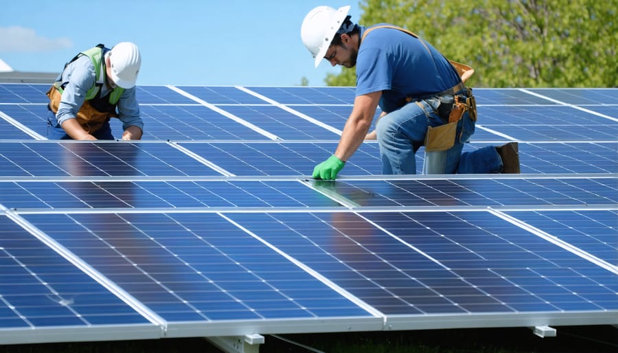 Team of technicians mounting solar panels on ground-mounted racks