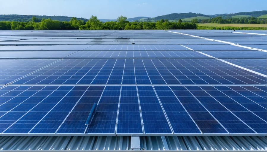 Industrial solar panel production line with technicians performing quality checks