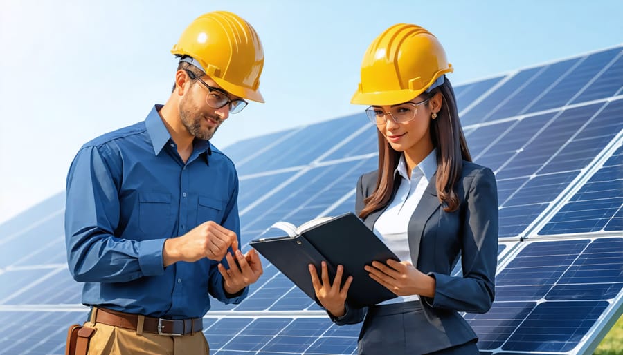 Senior solar engineer mentoring junior colleague while analyzing solar inverter systems