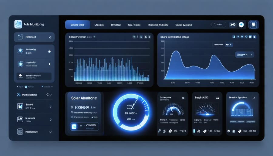 Solar monitoring dashboard displaying performance metrics, energy production charts, and system health indicators