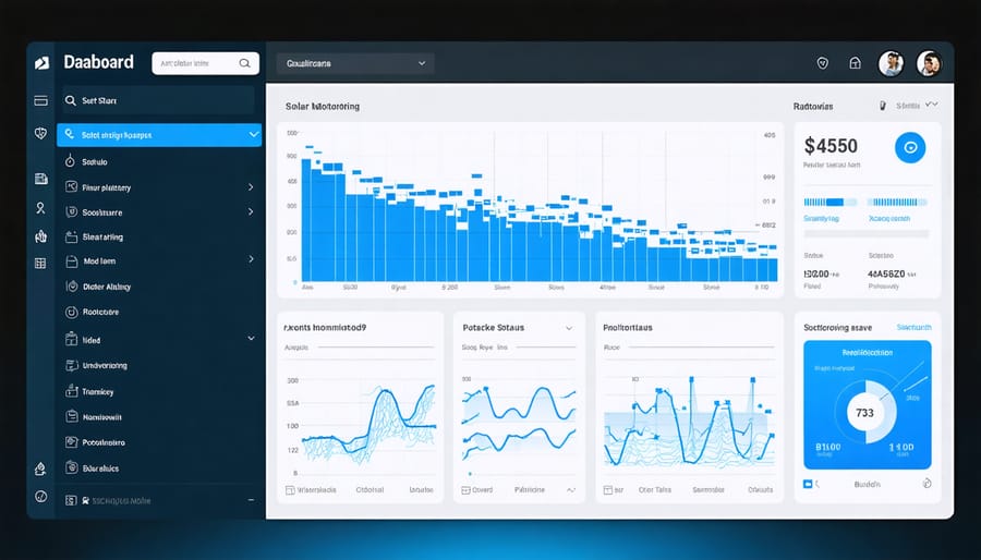 Solar monitoring dashboard displaying performance metrics, energy production charts, and system health indicators
