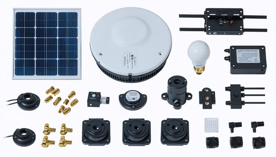 Collection of solar monitoring equipment including dataloggers, irradiance sensors, and temperature probes