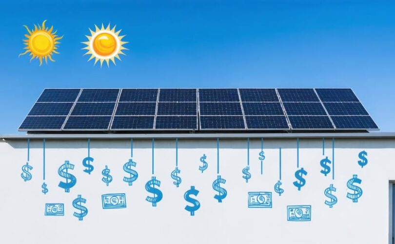 Conceptual illustration of a solar panel installation on a commercial building rooftop, showcasing the energy flow and financial benefits associated with PPA solar financing.