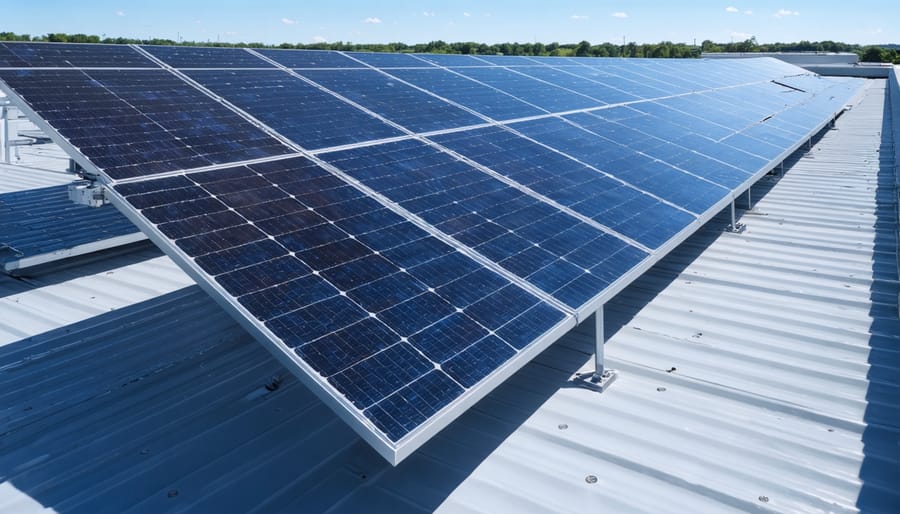 Aerial view of solar panel array on PV manufacturing facility rooftop