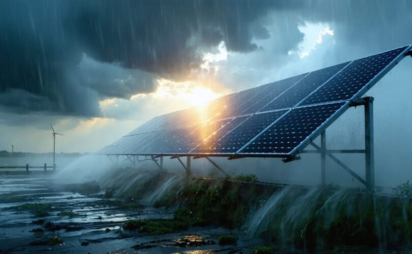 Conceptual illustration of a solar installation enduring harsh weather conditions, featuring fortified panel mounts and aerodynamic designs as intense winds and rain surround the panels, symbolizing their resilience and enduring energy production.