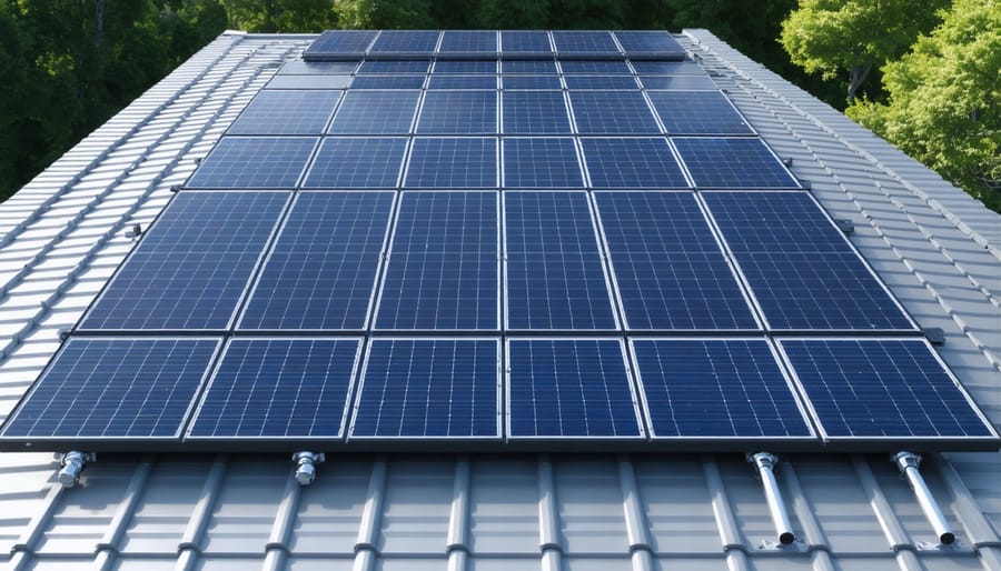 Residential rooftop solar installation with mounting hardware and panel configuration